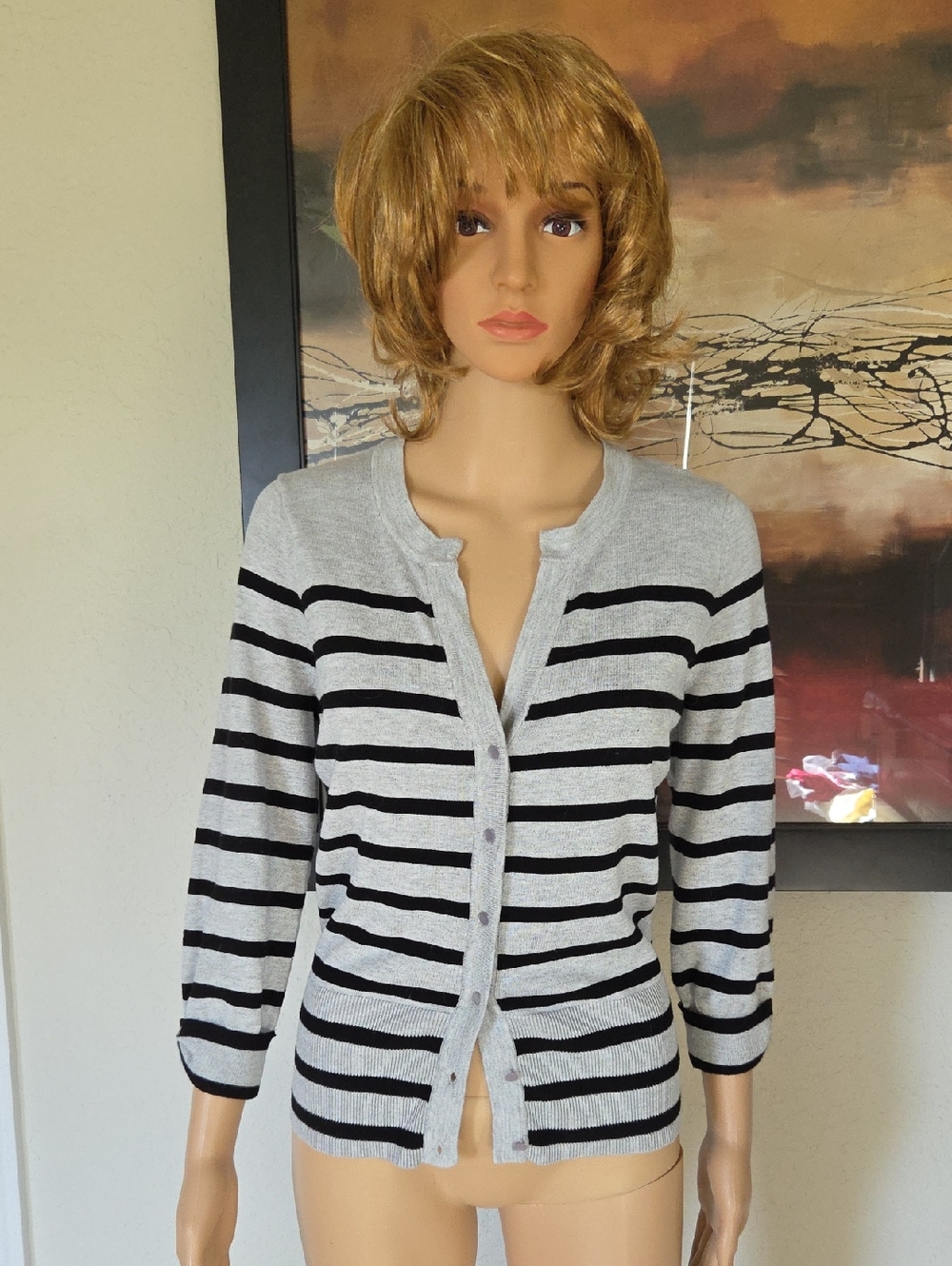 RED brand Striped Gray and Black Button-Front Women's Cardigan